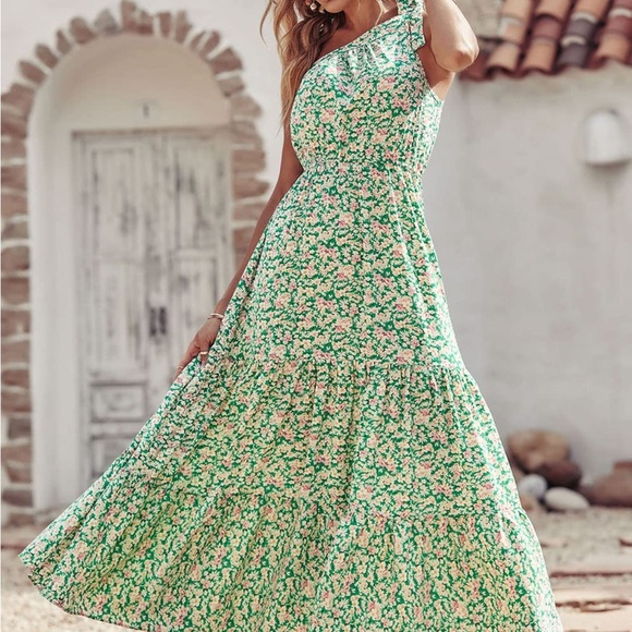 PRETTYGARDEN Women's One Shoulder Floral Maxi Dress green and white size M - Picture 2 of 8